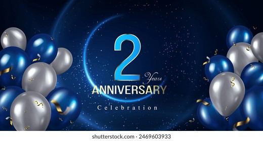 vector illustration 2 years anniversary celebration banner template, blue and white color glossy balloons flying. glowing curve light lines modern and creative anniversary celebration backdrop.