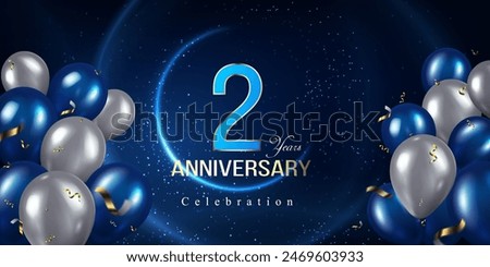 vector illustration 2 years anniversary celebration banner template, blue and white color glossy balloons flying. glowing curve light lines modern and creative anniversary celebration backdrop.