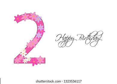 Vector illustration of 2 years. Happy Birthday! 2nd anniversary. Flowers on a pink and white background.