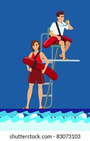 Vector illustration of 2 young lifeguards besides a pool