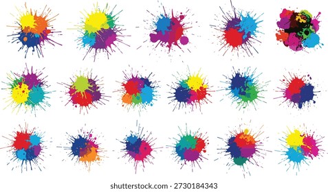 Ilustración vectorial de 20 salpicaduras de colores con Formas dinámicas y tonos superpuestos sobre fondo blanco