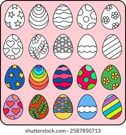 Vector illustration of 20 Easter eggs with black-and-white and colorful patterns. Includes stars, stripes, hearts, and more. Perfect for Easter crafts, decorations, and coloring activities.