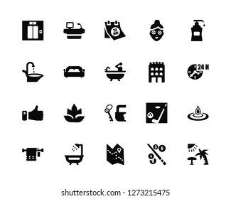 Vector Illustration Of 20 Icons. Editable Pack Elevator, Billiard, Map, Shower, Towel, Lotion, Hotel, Key, Like, Bed, Calendar