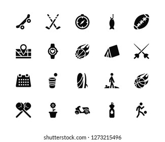 Vector Illustration Of 20 Icons. Editable Pack Skateboarding, Water bottle, Motorcycle, Gardening, Boxing, Rugby ball, Camping, Surfboard, Calendar, Watches, Compass