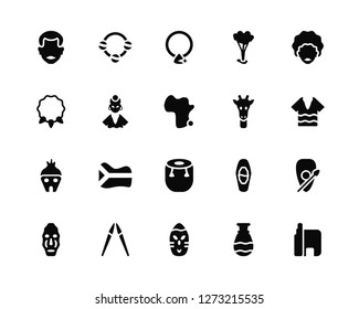 Vector Illustration Of 20 Icons. Editable Pack African, Pottery, Mask, Spear, Giraffe, African drum, Hut, Pendant