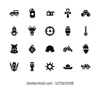 Vector Illustration Of 20 Icons. Editable Pack Car, Hat, Sun, African drum, Shield, Binoculars, Conga, Cradle of humankind, Hippopotamus, Giraffe, Photo camera