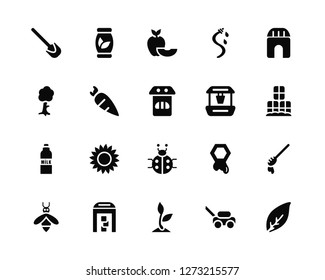 Vector Illustration Of 20 Icons. Editable Pack Shovel, Lawn mower, Sprout, Warehouse, Bee, Barn, Well, Ladybug, Milk bottle, Carrot, Apple