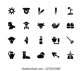 Vector Illustration Of 20 Icons. Editable Pack Sunrise, Trowel, Sun, Boots, Watering can, Sprout, Vegetables, Sprayer, Sheep, Farmer, Cereal