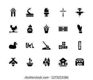 Vector Illustration Of 20 Icons. Editable Pack Windmill, Farm house, Corn, Plant, Bee, Scarecrow, Fence, Digger, Duck, Seed bag, Egg