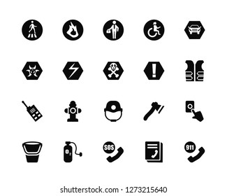 Vector Illustration Of 20 Icons. Editable Pack Pedestrian, Phonebook, Sos, Oxygen, Water bucket, Car, Warning, Firefighter helmet, Walkie talkie, Electricity, Working