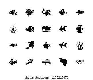 Vector Illustration Of 20 Icons. Editable Pack Fish, Seashell, Turtle, Squid, Fish