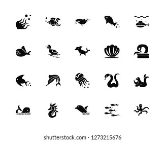 Vector Illustration Of 20 Icons. Editable Pack Seaweed, Fishes, Dolphin, Seahorse, Whale, Submarine, Seashell, Medusa, Fish, Pelican, Fish
