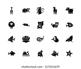 Vector Illustration Of 20 Icons. Editable Pack Giraffe, Fish, Whale, Hippopotamus, Bulldog, Seashell, Mouse, Monkey