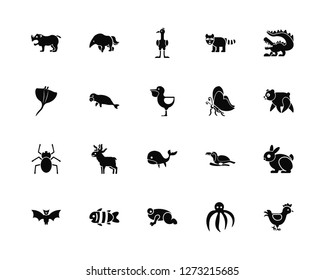 Vector Illustration Of 20 Icons. Editable Pack Rhinoceros, Octopus, Frog, Clown fish, Bat, Crocodile, Butterfly, Whale, Spider, Sea cow, Ostrich