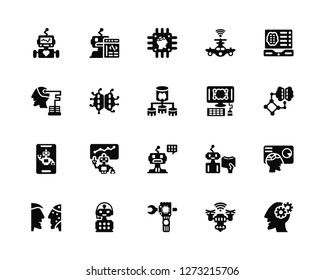 Vector Illustration Of 20 Icons. Editable Pack Robot, Drone, Turing test, Laptop, Computer, Assistant, Artificial intelligence, Chip