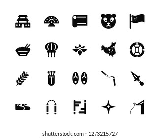 Vector Illustration Of 20 Icons. Editable Pack Forbidden city, Shuriken, Tonfa, Nunchaku, Shoe, China, Sandals, Spike, Lantern, Silk