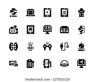 Vector Illustration Of 20 Icons. Editable Pack Global learning, Headphones, Online test, List, Progress, Cloud storage, Science, Gamepad, Brain, Ebook, Video player