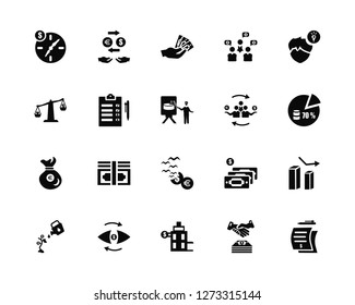 Vector Illustration Of 20 Icons. Editable Pack Wall clock, Deal, Bank, Analytics, Growth, Idea, Group, Loss, Money bag, Clipboard, Economy