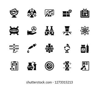 Vector Illustration Of 20 Icons. Editable Pack Physics, Dna, Petri dish, Flask, Formula, Chemistry, Volumetric, Reproduction, Radiactive, Analysis