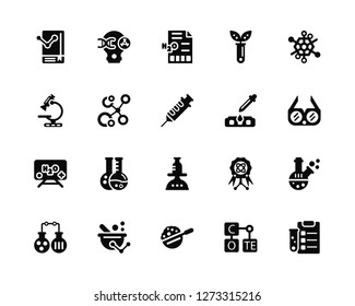 Vector Illustration Of 20 Icons. Editable Pack Science book, Periodic table, Spoon, Mortar, Flasks, Molecule, Drops, Scale, Blackboard, Molecules, Notes