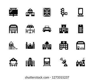 Vector Illustration Of 20 Icons. Editable Pack Billboard, Antenna, Subway, Building, Parking, Lightbox, Hospital, City hall, Slide, Terrace, Football field