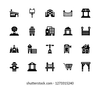 Vector Illustration Of 20 Icons. Editable Pack House, Cart, Bridge, Bank, Hydrant, Government buildings, Street light, Cementery, Building, Hospital