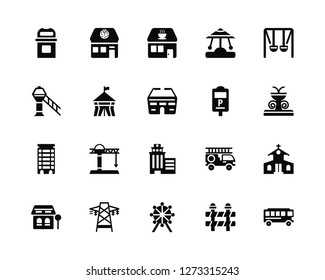 Vector Illustration Of 20 Icons. Editable Pack Bin, Barrier, Ferris wheel, Electric tower, Bus stop, Swing, Parking meter, Skyscrapper, Apartment, Circus tent, Coffee shop