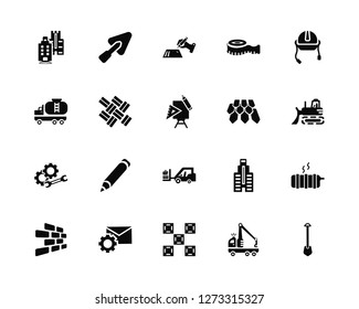 Vector Illustration Of 20 Icons. Editable Pack, Tow truck, Tile, Mail, Brickwall, Helmet, Roof, Forklift, Progress, Parquet, Contract