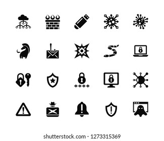 Vector Illustration Of 20 Icons. Editable Pack Cloud computing, Alert, Hacker, Danger, Virus, Worm, Password, Key, Fishing, Pendrive