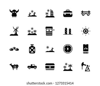 Vector Illustration Of 20 Icons. Editable Pack Skull, Oasis, Chest, Pick up, Camel, Cart, Cactus, Desert, Cloud, Building
