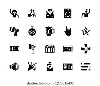 Vector Illustration Of 20 Icons. Editable Pack Dancer, Sound mixer, Bodyguard, Confetti, Speaker, Hand, Keyboard, Ticket, Disco ball, Staff