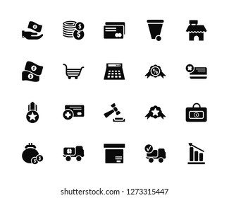 Vector Illustration Of 20 Icons. Editable Pack Money, Delivery truck, Box, Purse, Shop, Discount, Auction, Medal, Shopping cart, Cit card