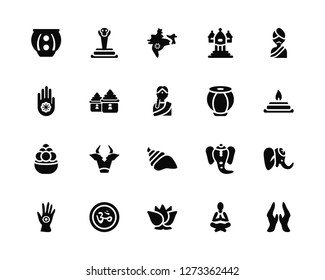 Vector Illustration Of 20 Icons. Editable Pack Kalasha, Meditation, Lotus, Om, Henna painted hand, Hindu, Tablas, Conch shell, Laddu, Temple, India