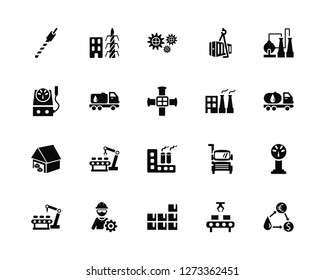 Vector Illustration Of 20 Icons. Editable Pack Drilling machine, Assembly line, Stock, Worker, Industrial robot, Refinery, Factory, Warehouse, Truck, Gear