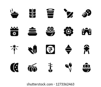 Vector Illustration Of 20 Icons. Editable Pack Pot, Balloon, Veena, Drum, Gujjia, Coconut, Ornament, Nakatheng, Sparkler, Cake, Bucket