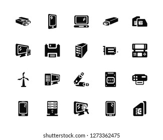 Vector Illustration Of 20 Icons. Editable Pack Flash, Operating System, Click, Server, Mobile, Sim, Hardware, Drive, Turbine, Floppy, Laptop
