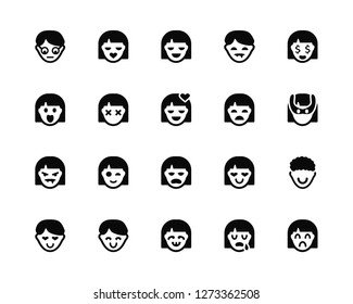 Vector Illustration Of 20 Icons. Editable Pack Geek, Crying, Happy, In love, Rich, Girl, Miserly, Vampire, Stunned, Happy