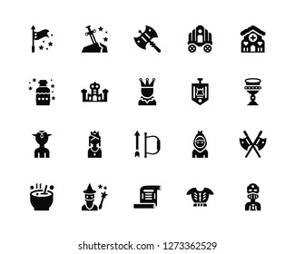 Vector Illustration Of 20 Icons. Editable Pack Flag, Armor, Scroll, Wizard, Cauldron, Gingerbread house, Standard, Bow and arrow, Elf, Palace, Axe