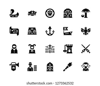 Vector Illustration Of 20 Icons. Editable Pack Ship, Torch, Stained glass, Leprechaun, Fanfare, Island, Pirate ship, Crossbow, Dracula, Chest, Coin