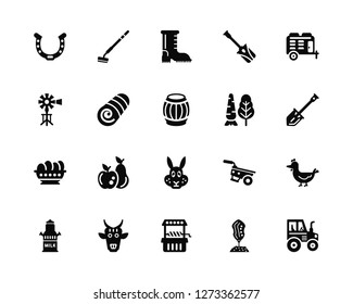 Vector Illustration Of 20 Icons. Editable Pack Horseshoe, Tree, Well, Cow, Milk, Trailer, Vegetables, Rabbit, Eggs, Bale of Hay, Boot