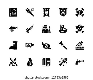 Vector Illustration Of 20 Icons. Editable Pack Bandit, Telescope, Scroll, Money bag, Dagger, Diamond, Boat, Eye patch, Boots, Harpoon, Guillotine