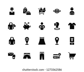 Vector Illustration Of 20 Icons. Editable Pack Support, Payment method, Trousers, Shorts, Email, Customer, Placeholder, Skirt, Hoodie, Piggy bank, Shopping bag