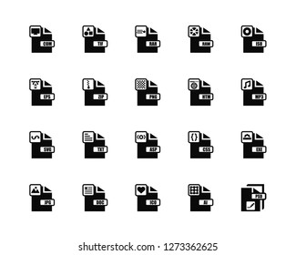 Vector Illustration Of 20 Icons. Editable Pack Com, AI, Ico, Doc, Jpg, Iso, Htm, Asp, Svg, Zip, Rar