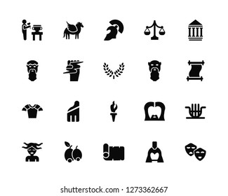 Vector Illustration Of 20 Icons. Editable Pack Sculpture, Helmet, Scroll, Olive, Medusa, Parthenon, Socrates, Torch, Armor, Zeus, Helmet