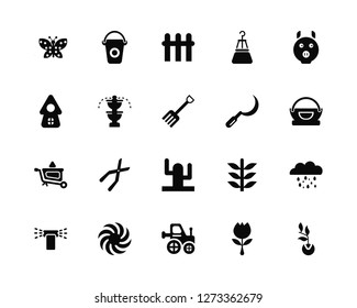 Vector Illustration Of 20 Icons. Editable Pack Butterfly, Tulip, Tractor, Pinwheel, Sprinkle, Pig, Sickle, Cactus, Wheelbarrow, Fountain, Fence