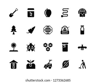 Vector Illustration Of 20 Icons. Editable Pack Shovel, Leaf, Lawn mower, Sprout, Warehouse, Barn, Well, Honeycomb, Sunflower, Carrot, Apple