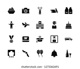 Vector Illustration Of 20 Icons. Editable Pack Cruise, Bell, Balloon, Sash, Theater, Jacket, Graduated, Mortarboard, Medal, Airplane, Flowers