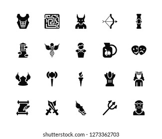 Vector Illustration Of 20 Icons. Editable Pack Armor, Poseidon, Hermes, Swords, Literature, Column, Olive oil, Torch, Caduceus, Minotaur