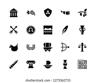 Vector Illustration Of 20 Icons. Editable Pack Parthenon, Vase, Boat, Pillar, Sword, Olives, Quill, Chariot, Pegasus, Omega, Shield