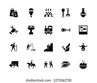 Vector Illustration Of 20 Icons. Editable Pack Bags, Book, Exercise, Riding, Piano, Pottery, Guitar, Climb, Trekking, Stamp, Chess board